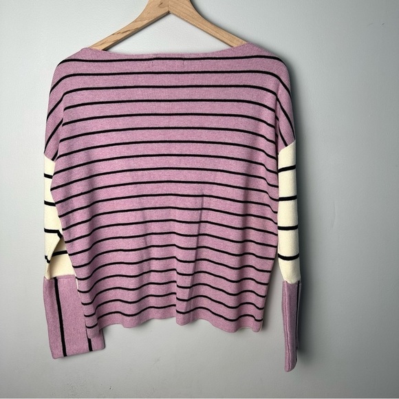 Anthropologie Faye Striped Sweater Pocket Pullover, M Petite, Cream Purple Black - Picture 2 of 10